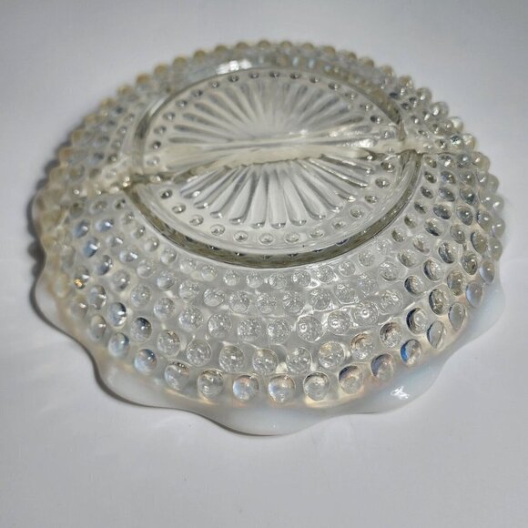 Moonstone Pattern Glass Ruffled Divided Relish with Opalescent Blue Hobnail VTG - Picture 5 of 6